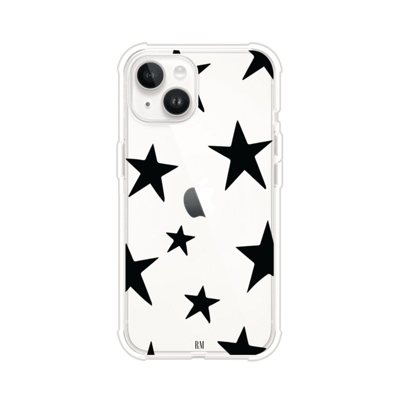 Funda personalizada para iPhone con diseño minimalista de estrellas negras sobre fondo transparente, estilo Black Stars de Remark MX