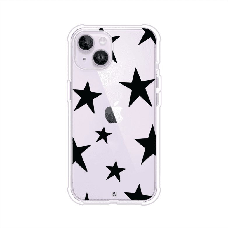 Funda personalizada para iPhone con diseño minimalista de estrellas negras sobre fondo transparente, estilo Black Stars de Remark MX