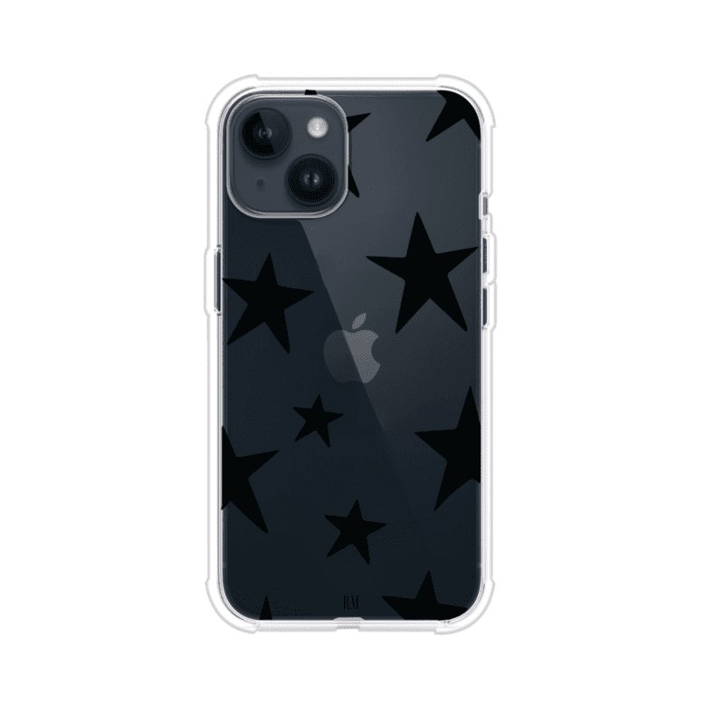 Funda personalizada para iPhone con diseño minimalista de estrellas negras sobre fondo transparente, estilo Black Stars de Remark MX