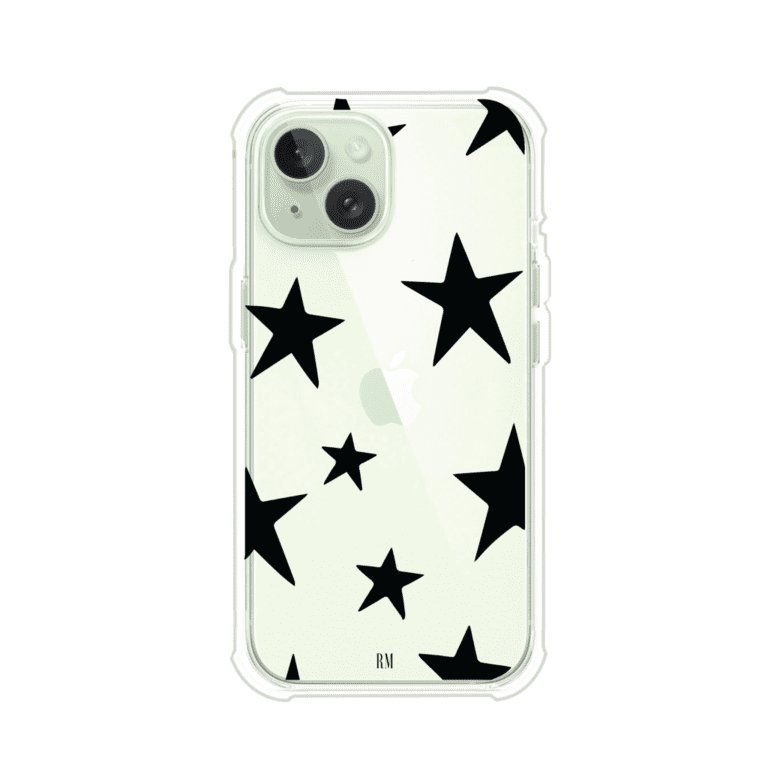 Funda personalizada para iPhone con diseño minimalista de estrellas negras sobre fondo transparente, estilo Black Stars de Remark MX