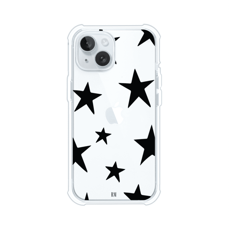 Funda personalizada para iPhone con diseño minimalista de estrellas negras sobre fondo transparente, estilo Black Stars de Remark MX