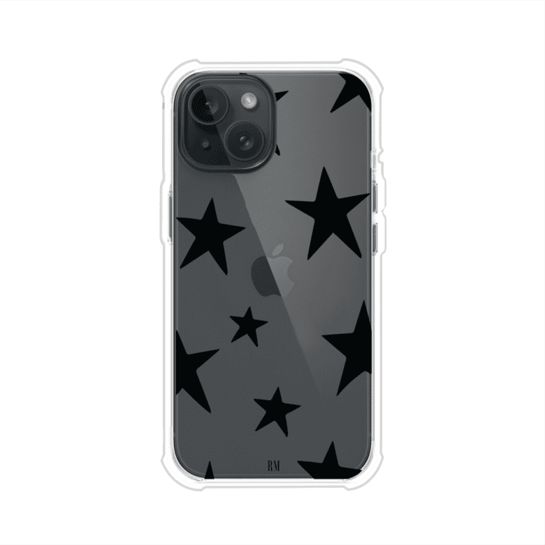 Funda personalizada para iPhone con diseño minimalista de estrellas negras sobre fondo transparente, estilo Black Stars de Remark MX
