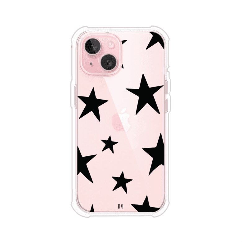 Funda personalizada para iPhone con diseño minimalista de estrellas negras sobre fondo transparente, estilo Back Stars de Remark MX