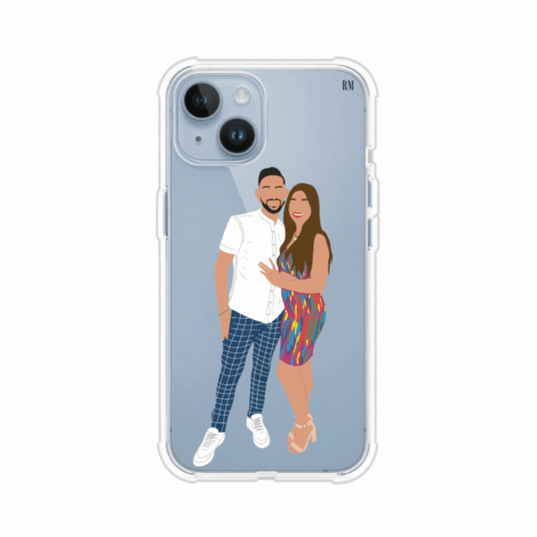 Funda transparente para celular con ilustración personalizada estilo faceless minimalista, sobre funda alto impacto de Remark Mx