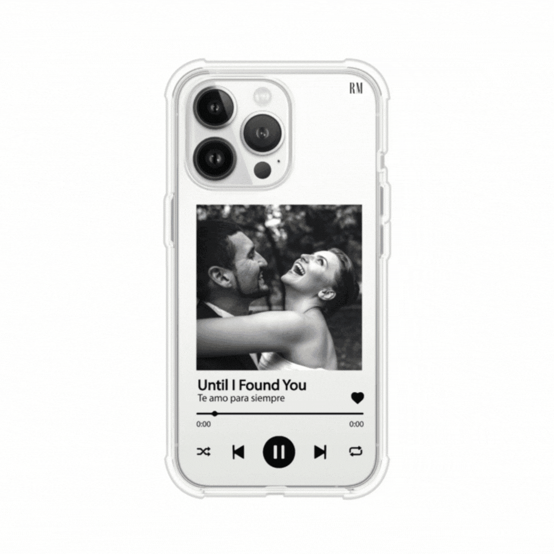 Funda transparente para celular con ilustración personalizada en reproductor de música minimalista con texto, sobre funda premium, alto impacto y magsafe de Remark Mx