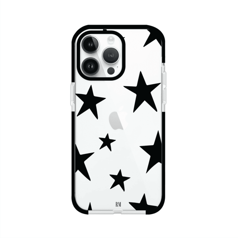 Funda personalizada para iPhone con diseño minimalista de estrellas negras sobre fondo transparente, estilo Black Stars de Remark MX