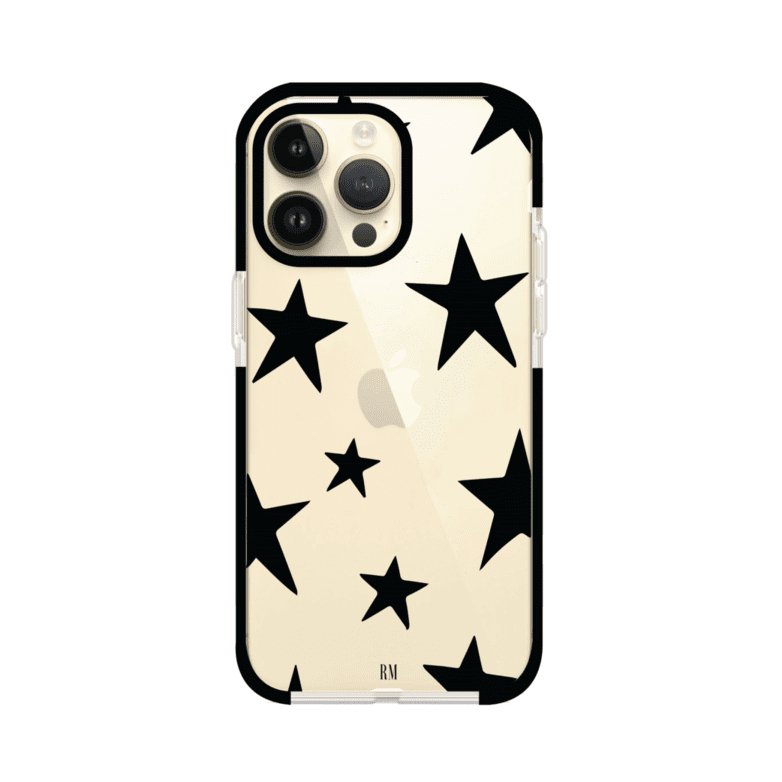 Funda personalizada para iPhone con diseño minimalista de estrellas negras sobre fondo transparente, estilo Black Stars de Remark MX