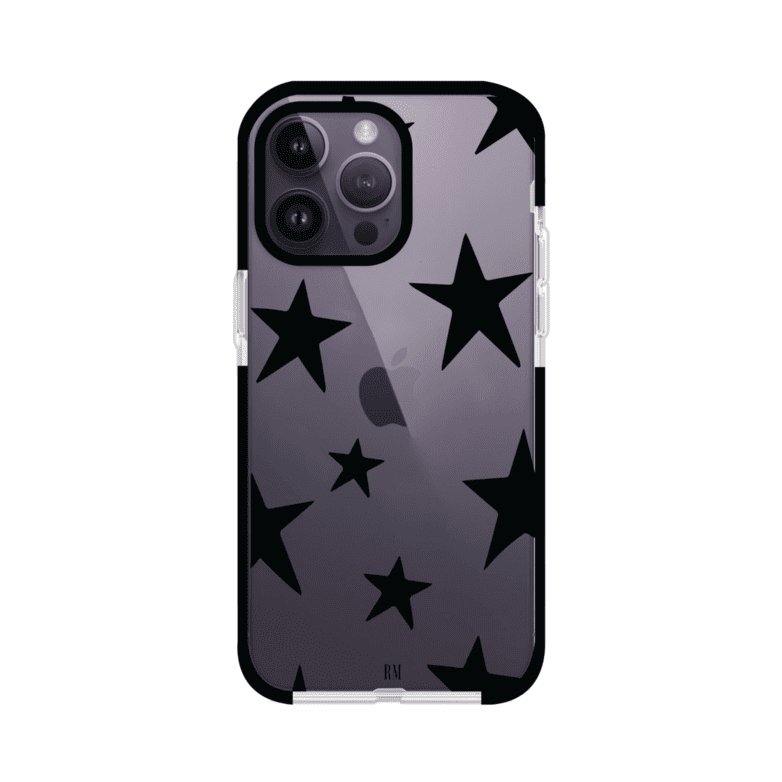 Funda personalizada para iPhone con diseño minimalista de estrellas negras sobre fondo transparente, estilo Black Stars de Remark MX