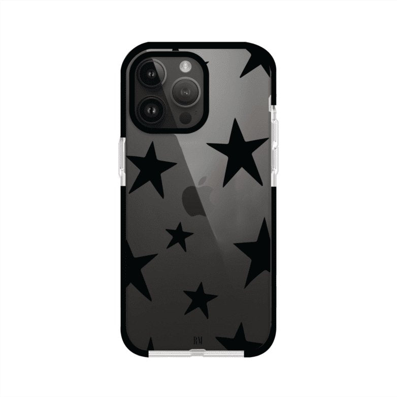 Funda personalizada para iPhone con diseño minimalista de estrellas negras sobre fondo transparente, estilo Black Stars de Remark MX
