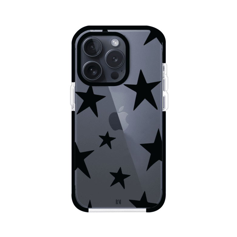 Funda personalizada para iPhone con diseño minimalista de estrellas negras sobre fondo transparente, estilo Black Stars de Remark MX