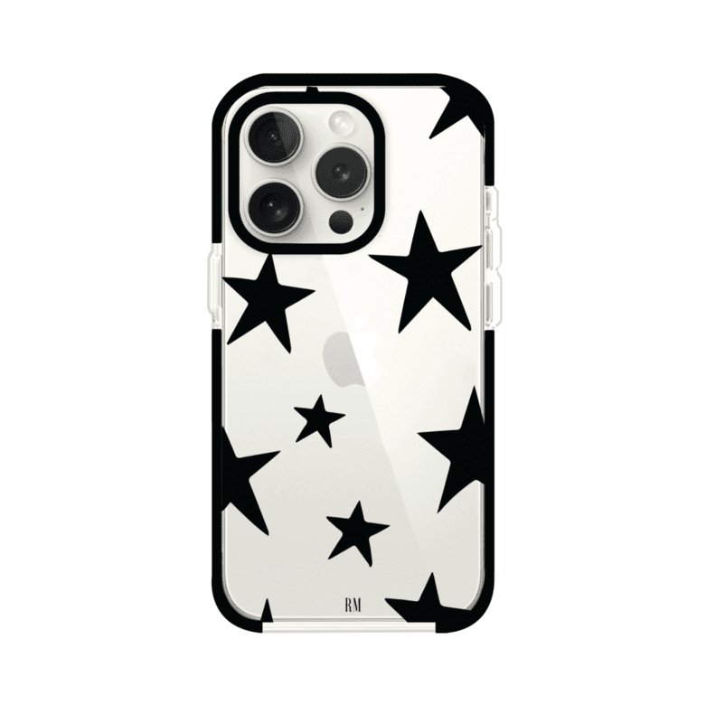 Funda personalizada para iPhone con diseño minimalista de estrellas negras sobre fondo transparente, estilo Black Stars de Remark MX
