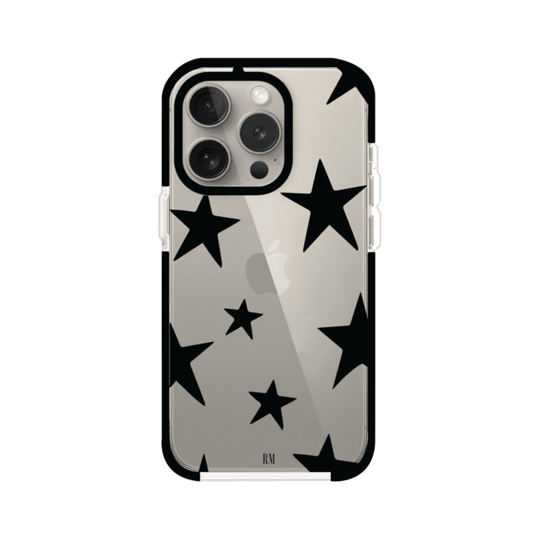 Funda personalizada para iPhone con diseño minimalista de estrellas negras sobre fondo transparente, estilo Black Stars de Remark MX