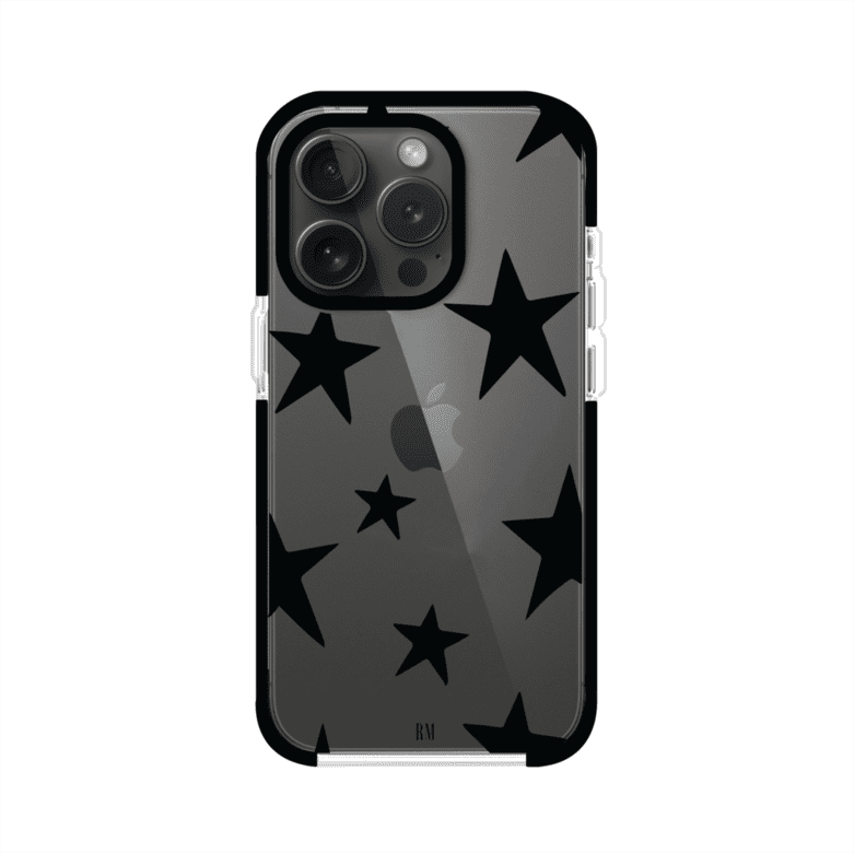 Funda personalizada para iPhone con diseño minimalista de estrellas negras sobre fondo transparente, estilo Black Stars de Remark MX