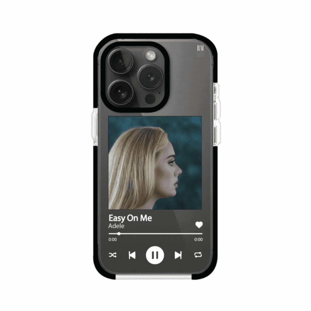 Funda transparente para celular con ilustración personalizada en reproductor de música minimalista con texto, sobre funda premium, alto impacto y magsafe de Remark Mx