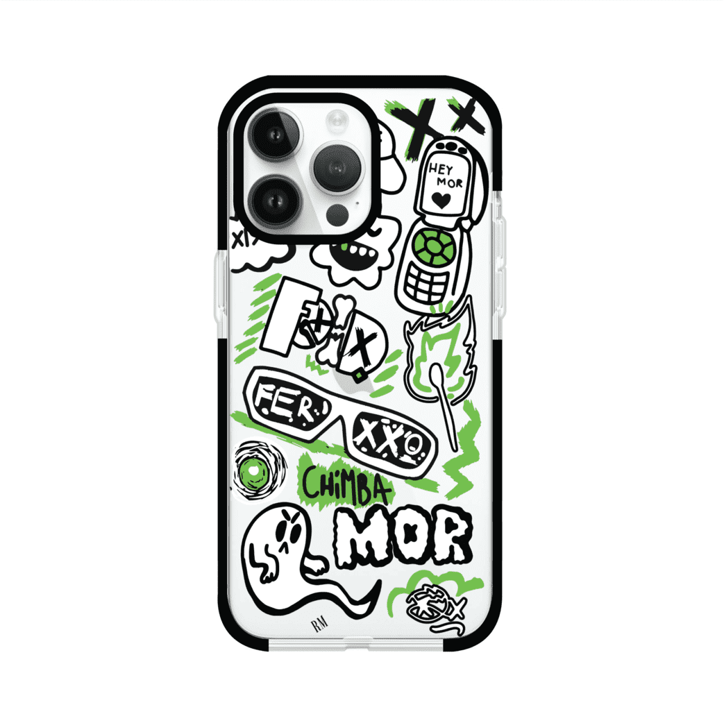 Funda para iPhone con diseño inspirado en FERXXO. Incluye stickers con frases como “CHIMBA MOR”, íconos urbanos y colores verde neón y negro. Estilo reggaetonero y atrevido, ideal para fans de Feid. Producto de Remark Mx