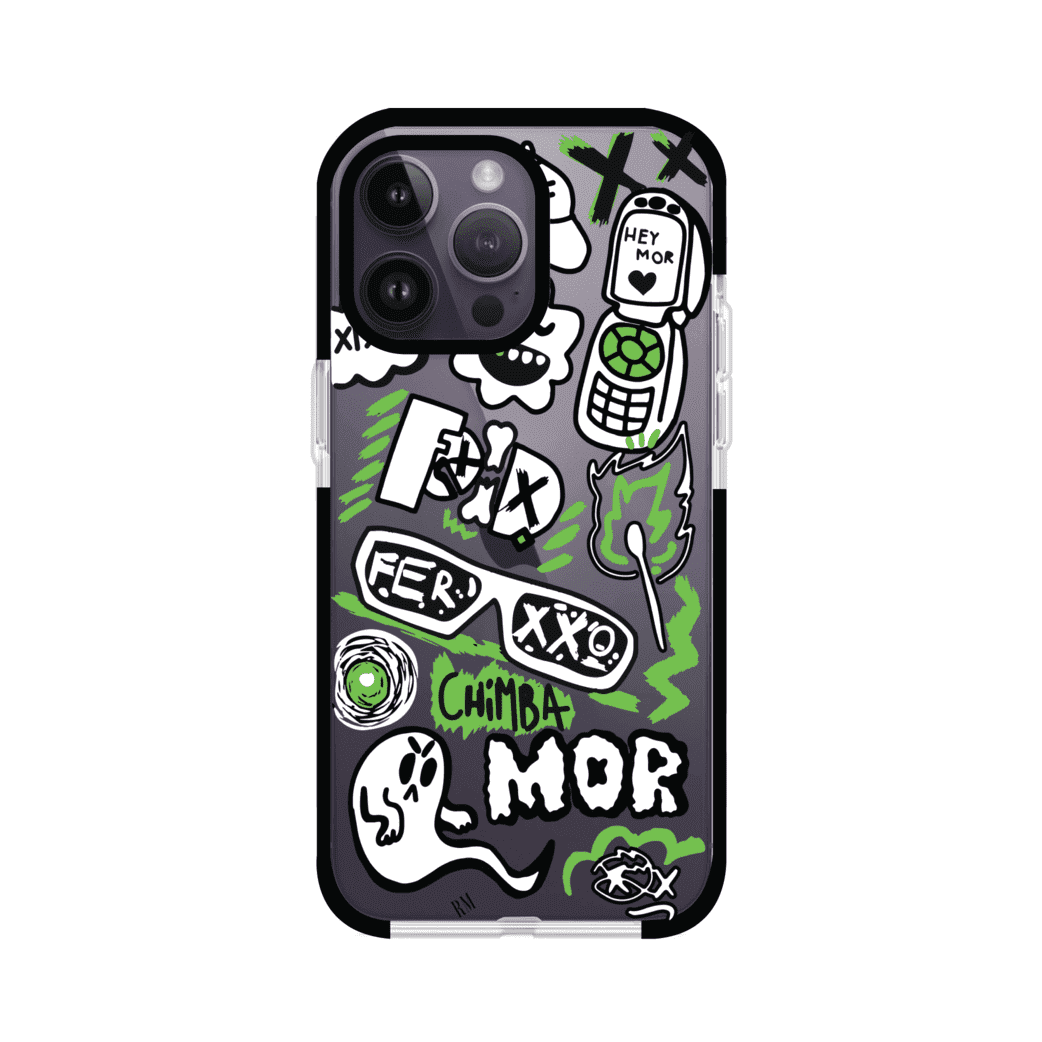 Funda para iPhone con diseño inspirado en FERXXO. Incluye stickers con frases como “CHIMBA MOR”, íconos urbanos y colores verde neón y negro. Estilo reggaetonero y atrevido, ideal para fans de Feid. Producto de Remark Mx