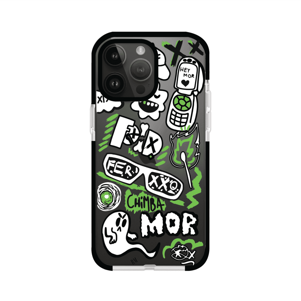 Funda para iPhone con diseño inspirado en FERXXO. Incluye stickers con frases como “CHIMBA MOR”, íconos urbanos y colores verde neón y negro. Estilo reggaetonero y atrevido, ideal para fans de Feid. Producto de Remark Mx