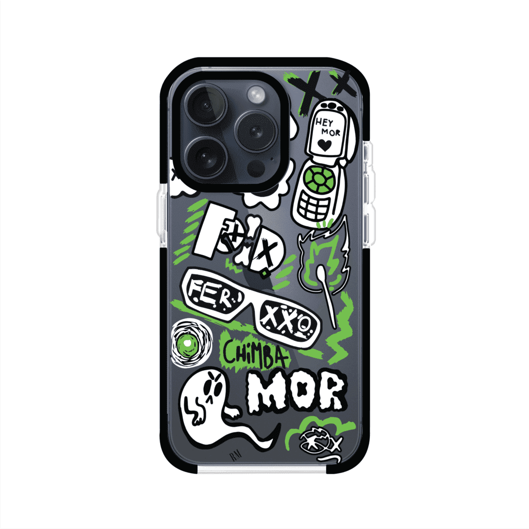 Funda para iPhone con diseño inspirado en FERXXO. Incluye stickers con frases como “CHIMBA MOR”, íconos urbanos y colores verde neón y negro. Estilo reggaetonero y atrevido, ideal para fans de Feid. Producto de Remark Mx