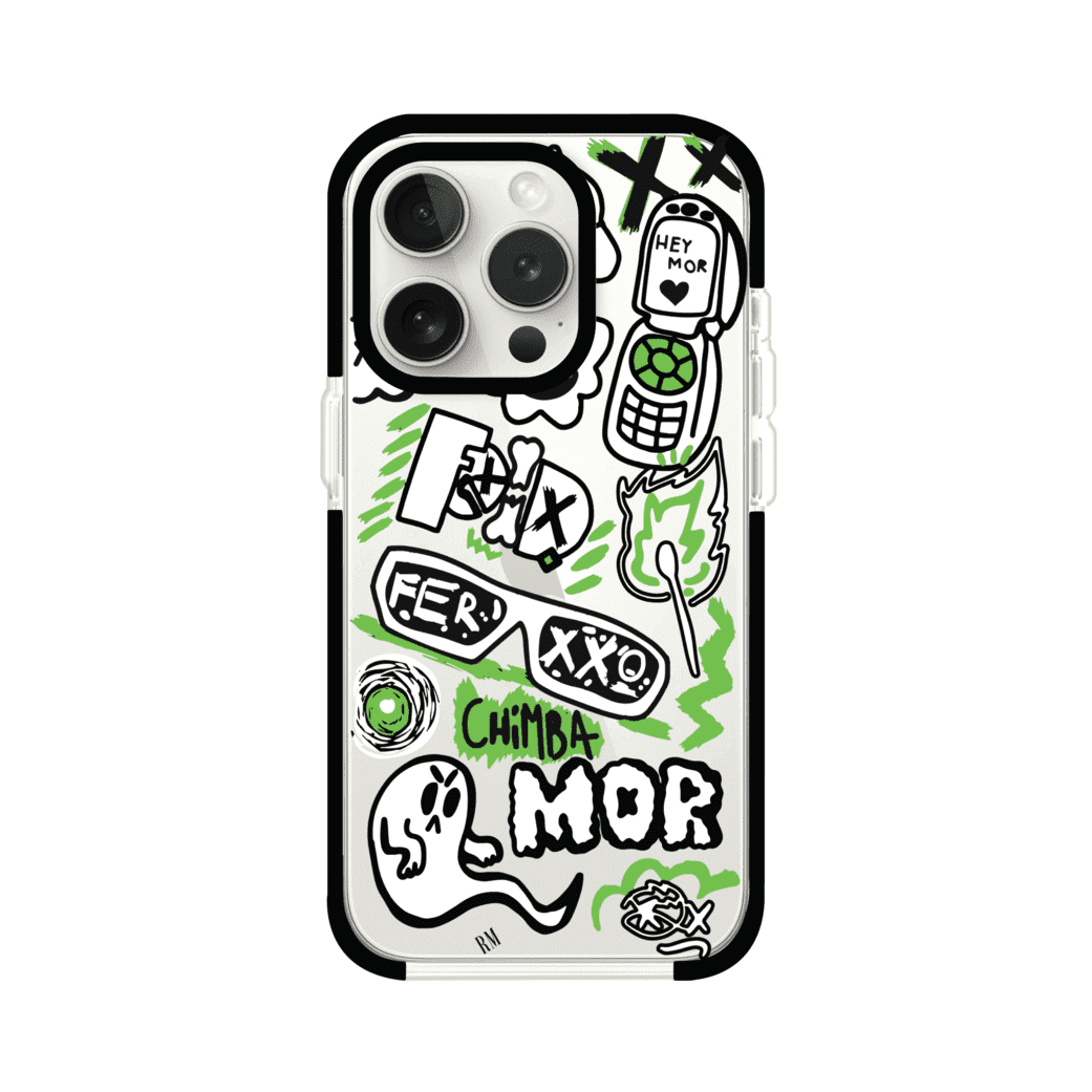 Funda para iPhone con diseño inspirado en FERXXO. Incluye stickers con frases como “CHIMBA MOR”, íconos urbanos y colores verde neón y negro. Estilo reggaetonero y atrevido, ideal para fans de Feid. Producto de Remark Mx