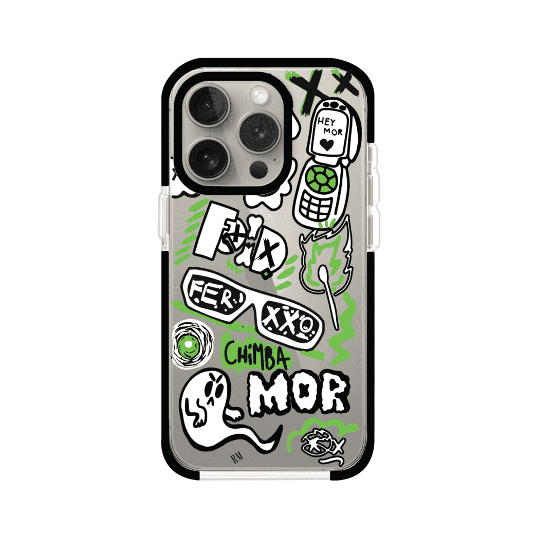 Funda para iPhone con diseño inspirado en FERXXO. Incluye stickers con frases como “CHIMBA MOR”, íconos urbanos y colores verde neón y negro. Estilo reggaetonero y atrevido, ideal para fans de Feid. Producto de Remark Mx