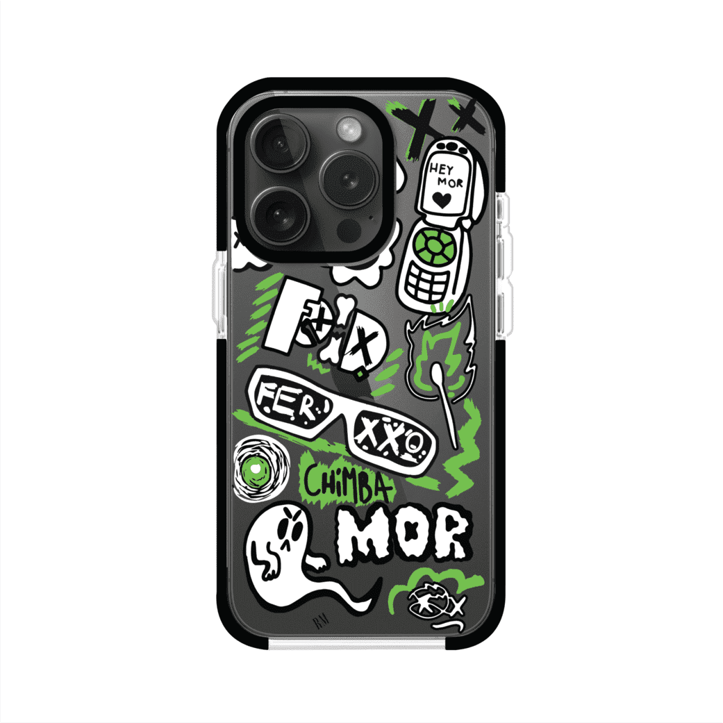 Funda para iPhone con diseño inspirado en FERXXO. Incluye stickers con frases como “CHIMBA MOR”, íconos urbanos y colores verde neón y negro. Estilo reggaetonero y atrevido, ideal para fans de Feid. Producto de Remark Mx