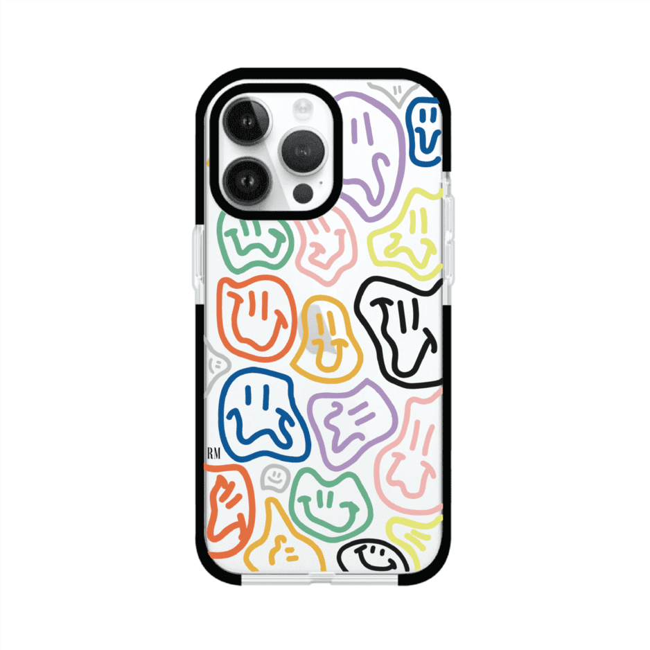Funda para iPhone con diseño de caritas distorsionadas en colores neón sobre fondo negro. Estilo artístico, divertido y psicodélico. Diseño original de Remark MX
