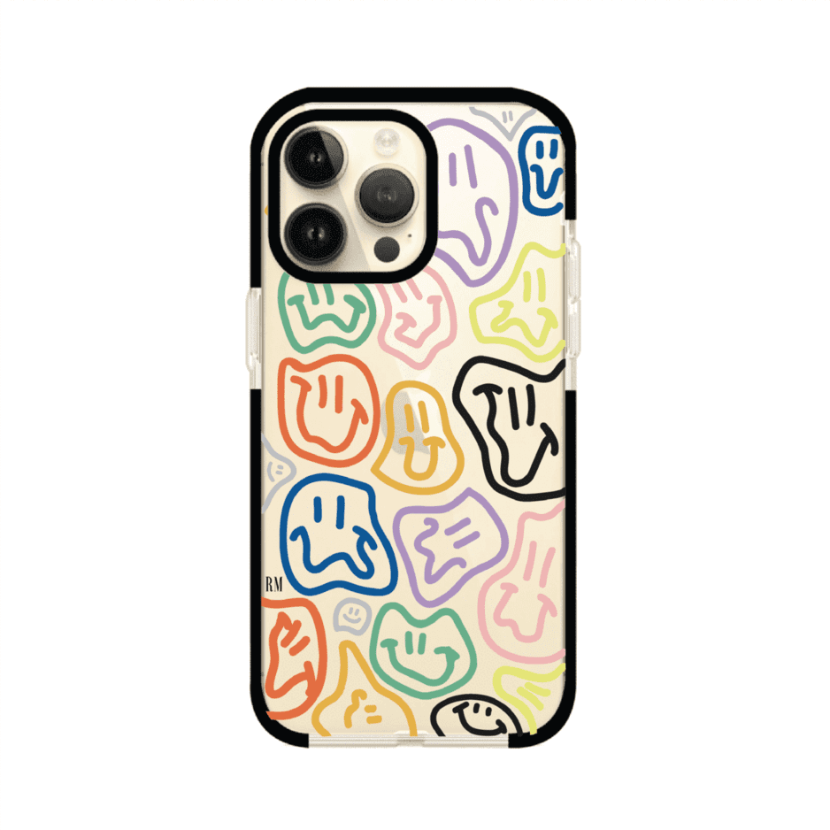 Funda para iPhone con diseño de caritas distorsionadas en colores neón sobre fondo negro. Estilo artístico, divertido y psicodélico. Diseño original de Remark MX