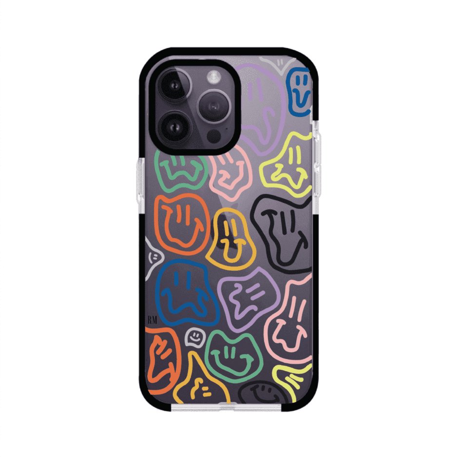 Funda para iPhone con diseño de caritas distorsionadas en colores neón sobre fondo negro. Estilo artístico, divertido y psicodélico. Diseño original de Remark MX