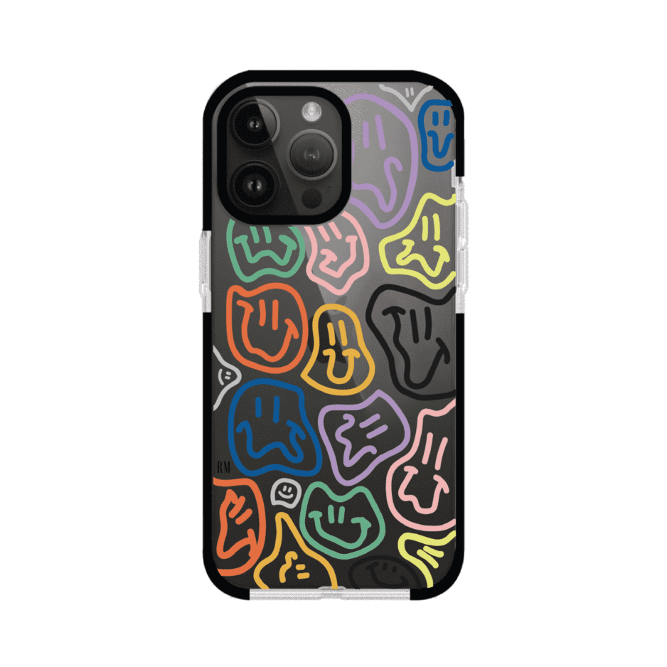 Funda para iPhone con diseño de caritas distorsionadas en colores neón sobre fondo negro. Estilo artístico, divertido y psicodélico. Diseño original de Remark MX