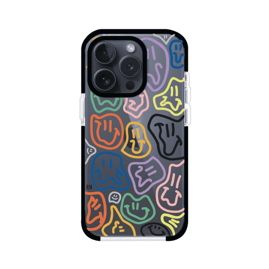 Funda para iPhone con diseño de caritas distorsionadas en colores neón sobre fondo negro. Estilo artístico, divertido y psicodélico. Diseño original de Remark MX