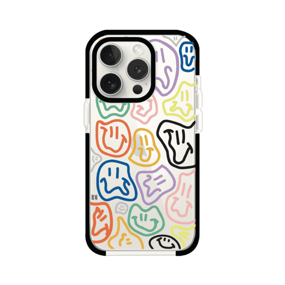 Funda para iPhone con diseño de caritas distorsionadas en colores neón sobre fondo negro. Estilo artístico, divertido y psicodélico. Diseño original de Remark MX