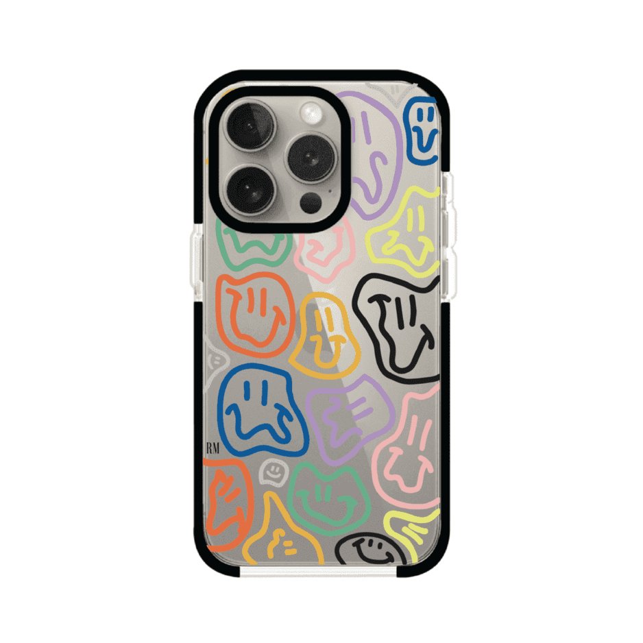Funda para iPhone con diseño de caritas distorsionadas en colores neón sobre fondo negro. Estilo artístico, divertido y psicodélico. Diseño original de Remark MX