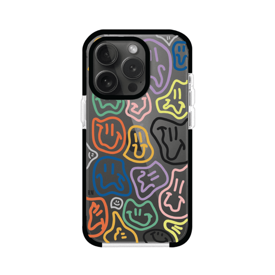 Funda para iPhone con diseño de caritas distorsionadas en colores neón sobre fondo negro. Estilo artístico, divertido y psicodélico. Diseño original de Remark MX