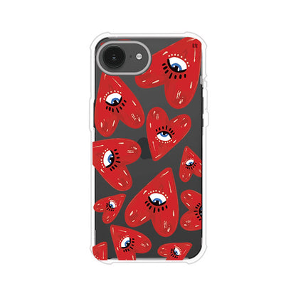 Funda para iPhone con diseño de corazones rojos ilustrados con ojos al centro. Estilo artístico, llamativo y original. Ideal para quienes buscan un accesorio único. Diseño de Remark MX