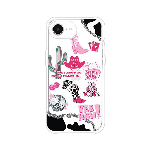 Funda para iPhone con diseño de temática vaquera en tonos rosa y negro, incluye botas, sombrero, cactus, disco ball y frases como "Let’s go girls" y "Yee Haw!". Estilo girly y divertido. Producto de Remark Mx