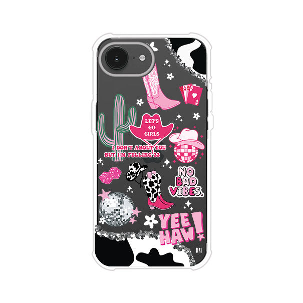 Funda para iPhone con diseño de temática vaquera en tonos rosa y negro, incluye botas, sombrero, cactus, disco ball y frases como "Let’s go girls" y "Yee Haw!". Estilo girly y divertido. Producto de Remark Mx
