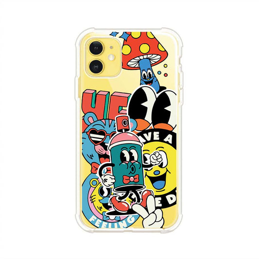 Funda para iPhone con diseño retro y dibujos animados estilo doodle, colores brillantes y frase “Have a good feeling” – Remark Mx