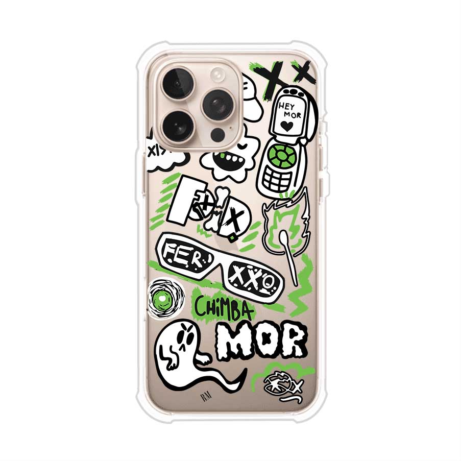 Funda para iPhone con diseño inspirado en FERXXO. Incluye stickers con frases como “CHIMBA MOR”, íconos urbanos y colores verde neón y negro. Estilo reggaetonero y atrevido, ideal para fans de Feid. Producto de Remark Mx