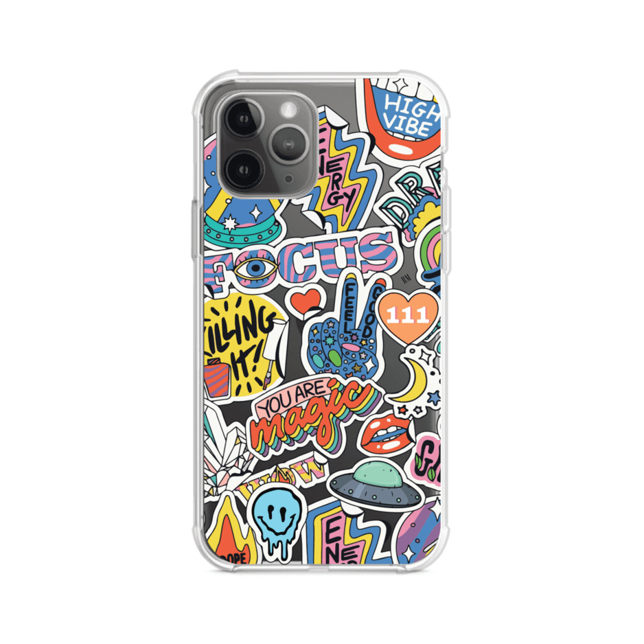 Funda para iPhone con diseño de stickers coloridos con frases motivacionales y energías positivas – Remark Mx