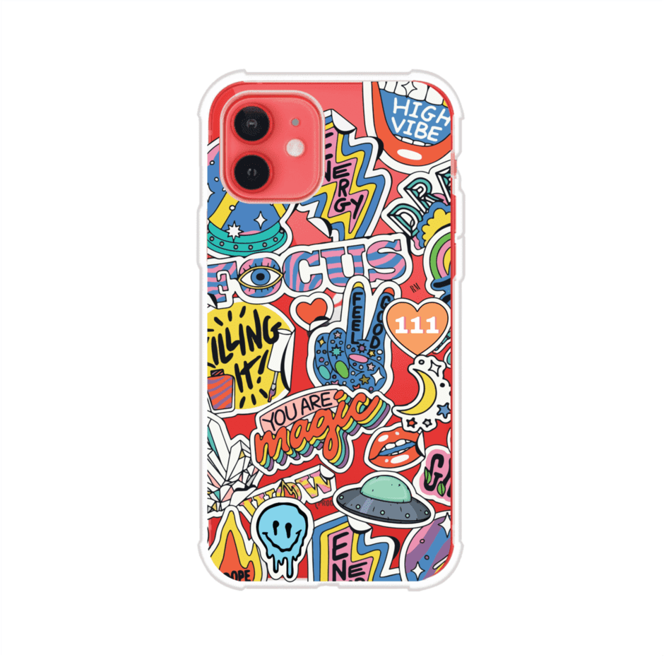 Funda para iPhone con diseño de stickers coloridos con frases motivacionales y energías positivas – Remark Mx