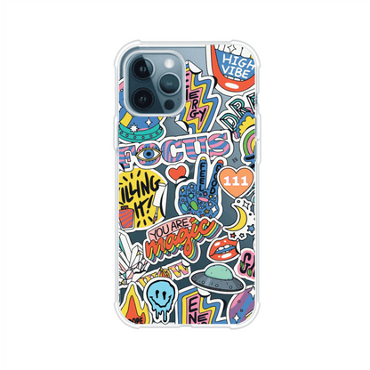 Funda para iPhone con diseño de stickers coloridos con frases motivacionales y energías positivas – Remark Mx