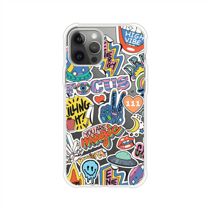 Funda para iPhone con diseño de stickers coloridos con frases motivacionales y energías positivas – Remark Mx