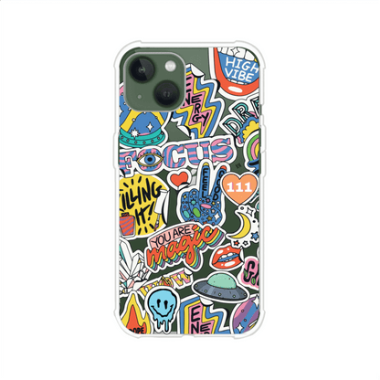 Funda para iPhone con diseño de stickers coloridos con frases motivacionales y energías positivas – Remark Mx