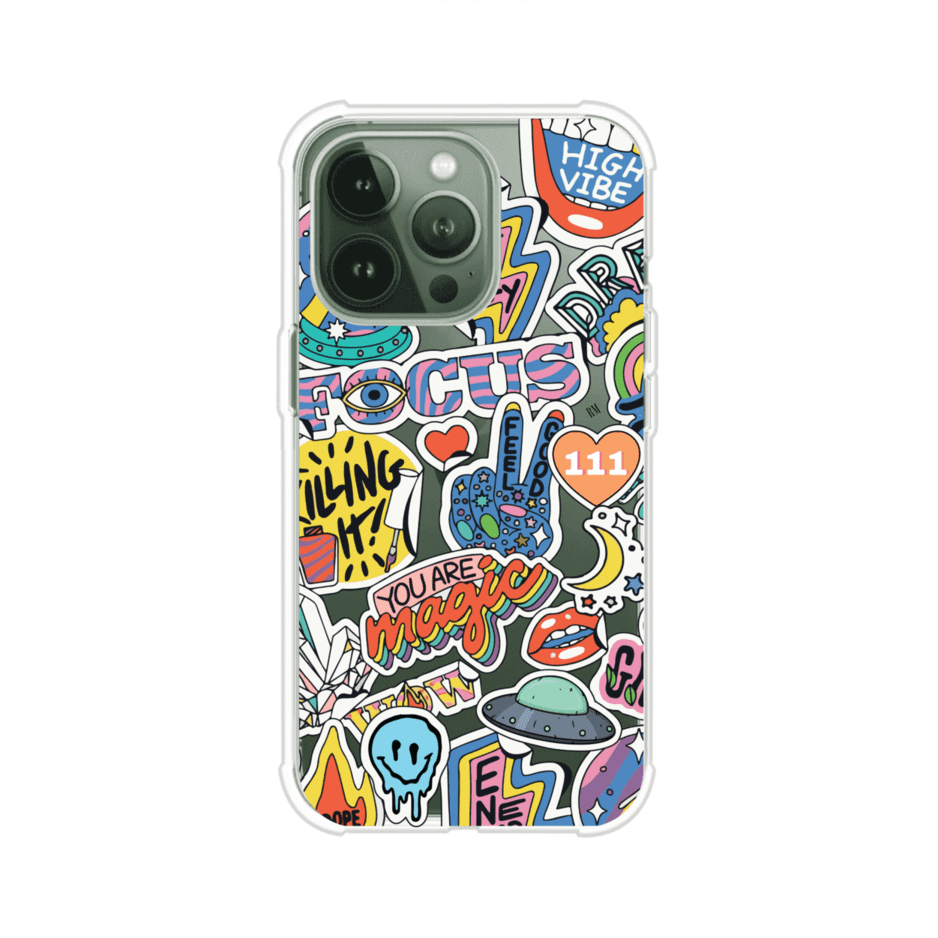 Funda para iPhone con diseño de stickers coloridos con frases motivacionales y energías positivas – Remark Mx