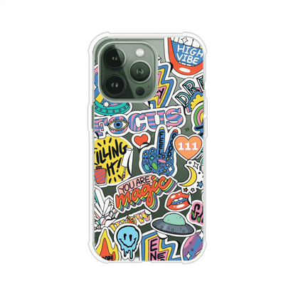 Funda para iPhone con diseño de stickers coloridos con frases motivacionales y energías positivas – Remark Mx