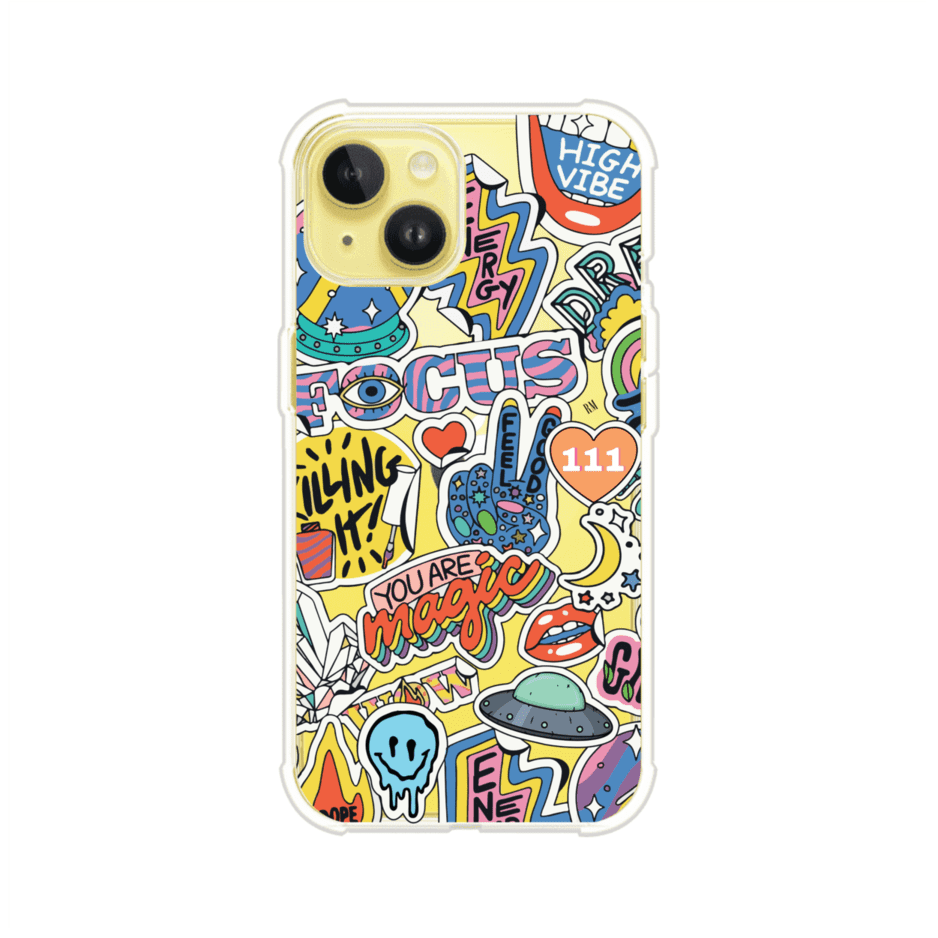 Funda para iPhone con diseño de stickers coloridos con frases motivacionales y energías positivas – Remark Mx