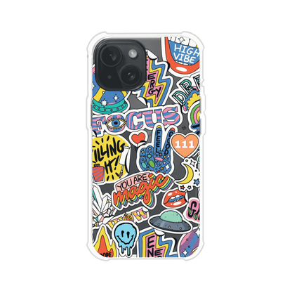 Funda para iPhone con diseño de stickers coloridos con frases motivacionales y energías positivas – Remark Mx