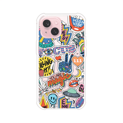 Funda para iPhone con diseño de stickers coloridos con frases motivacionales y energías positivas – Remark Mx
