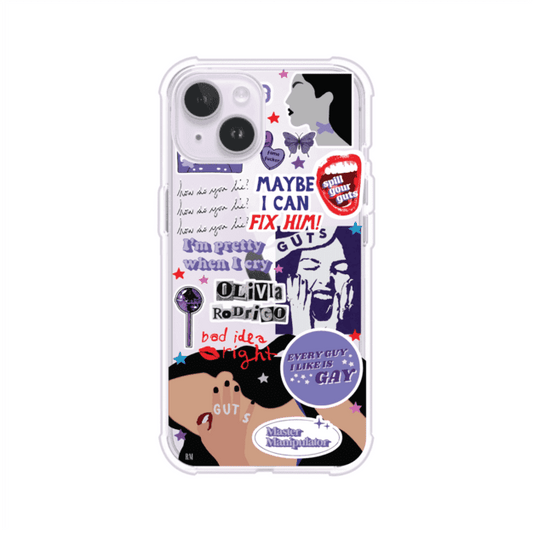 Funda transparente para iPhone con diseño tipo collage inspirado en el álbum GUTS de Olivia Rodrigo – Remark Mx
