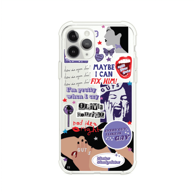 Funda transparente para iPhone con diseño tipo collage inspirado en el álbum GUTS de Olivia Rodrigo – Remark Mx